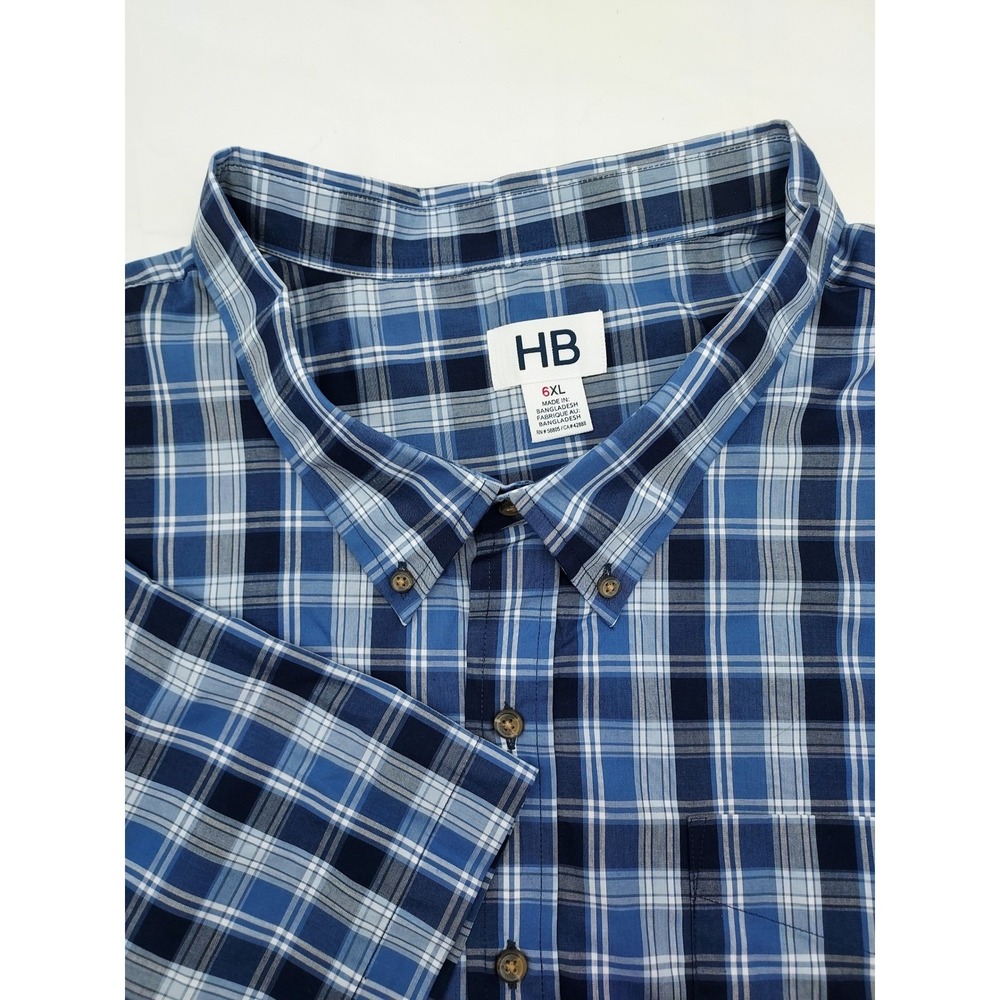 HB Men's‎ 6XL Blue Plaid Button Down Short Sleeve Casual Shirt